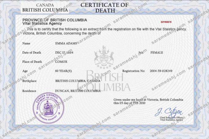 Canada vital record death certificate PSD template